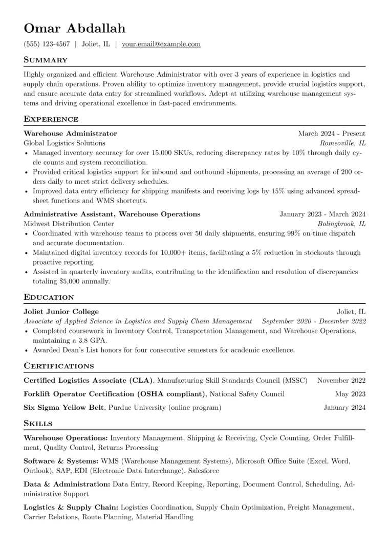 Warehouse Administrator Resume Example preview