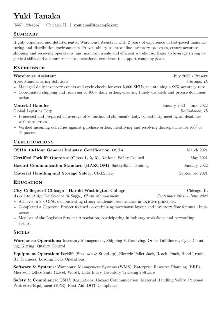 Warehouse Assistant Resume Example CV template preview