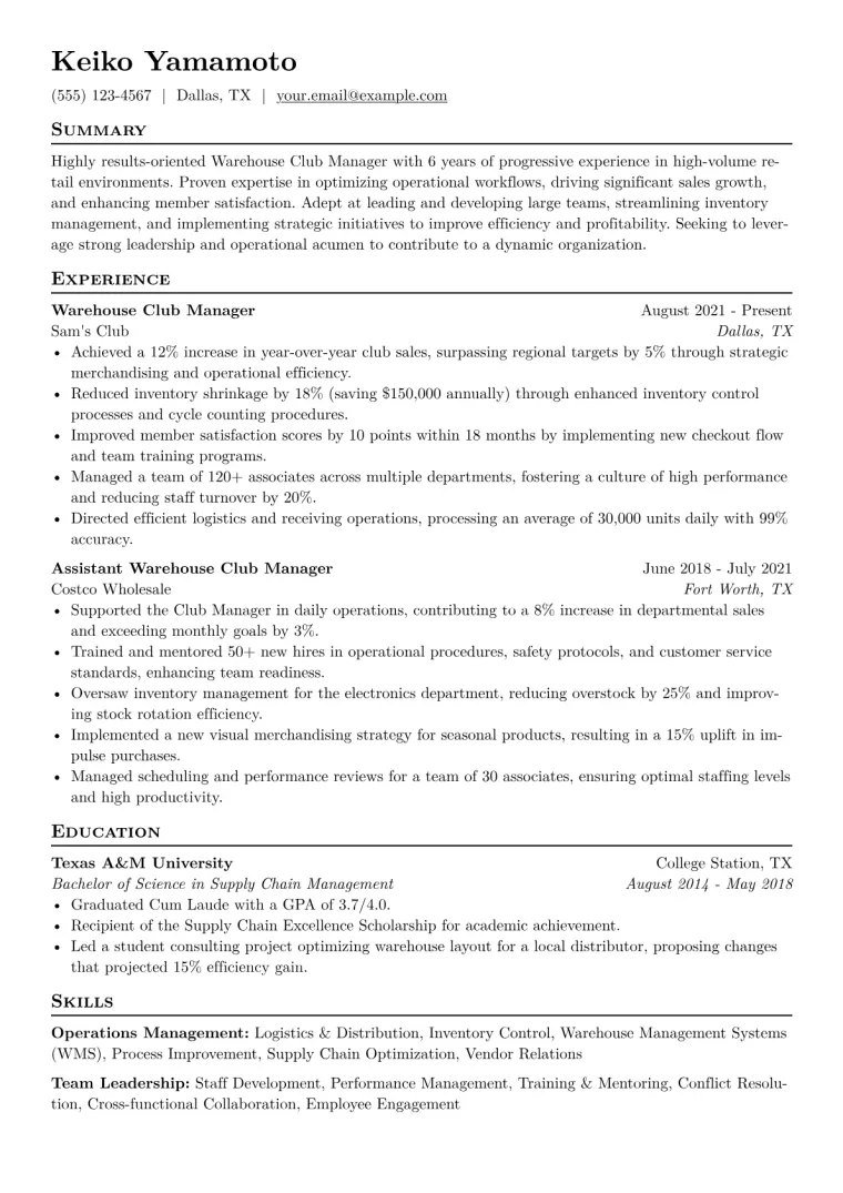 Warehouse Club Manager Resume Example CV template preview