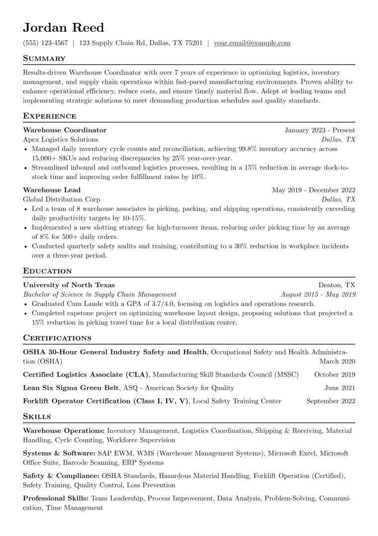 Warehouse Coordinator Resume Example CV template preview