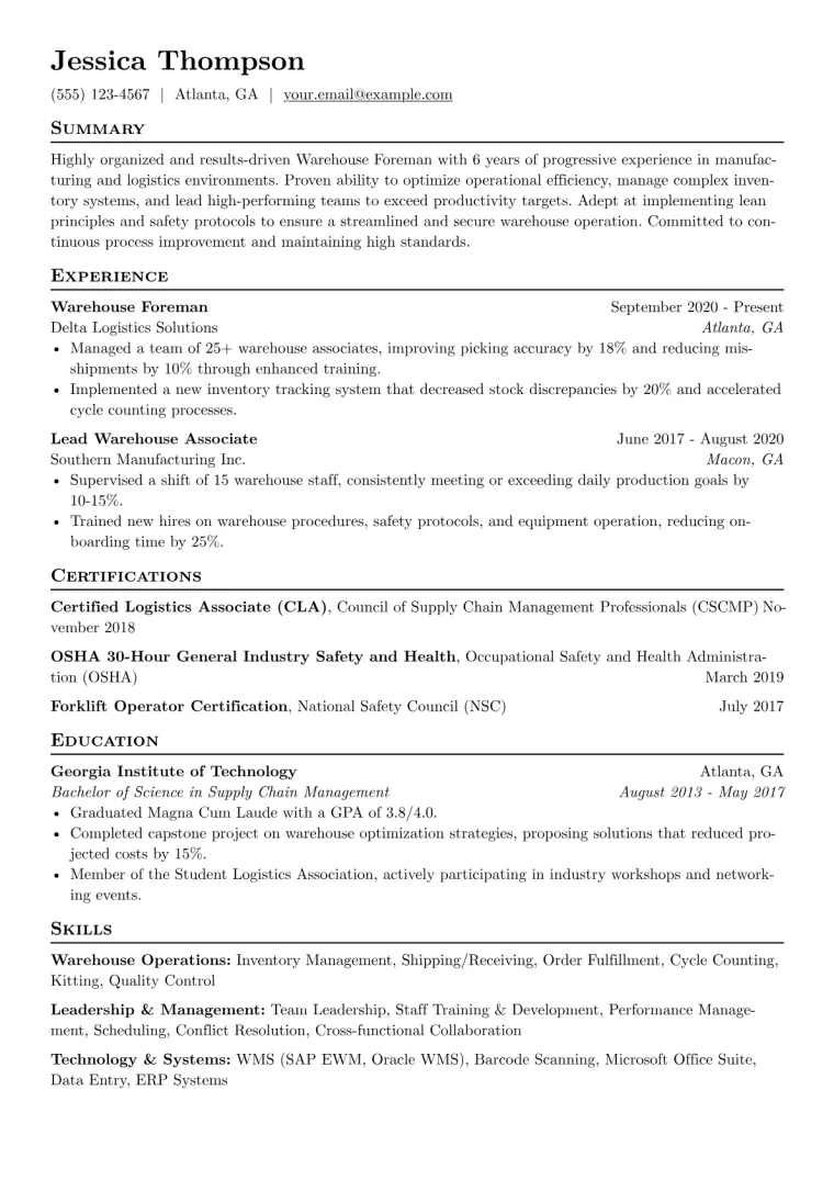 Warehouse Foreman Resume Example CV template preview