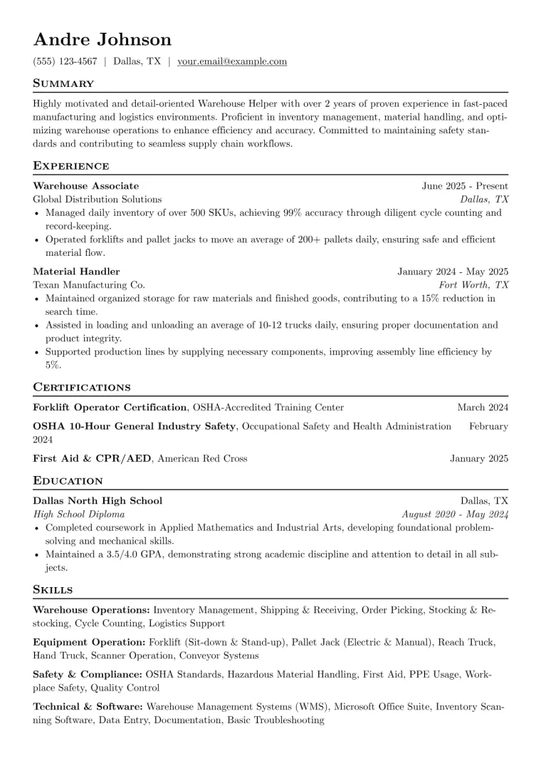 Warehouse Helper Resume Example CV template preview