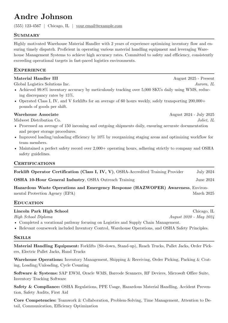 Warehouse Material Handler Resume Example CV template preview