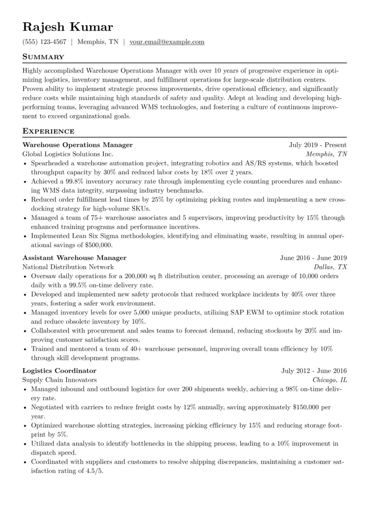 Warehouse Operations Manager Resume Example CV template preview