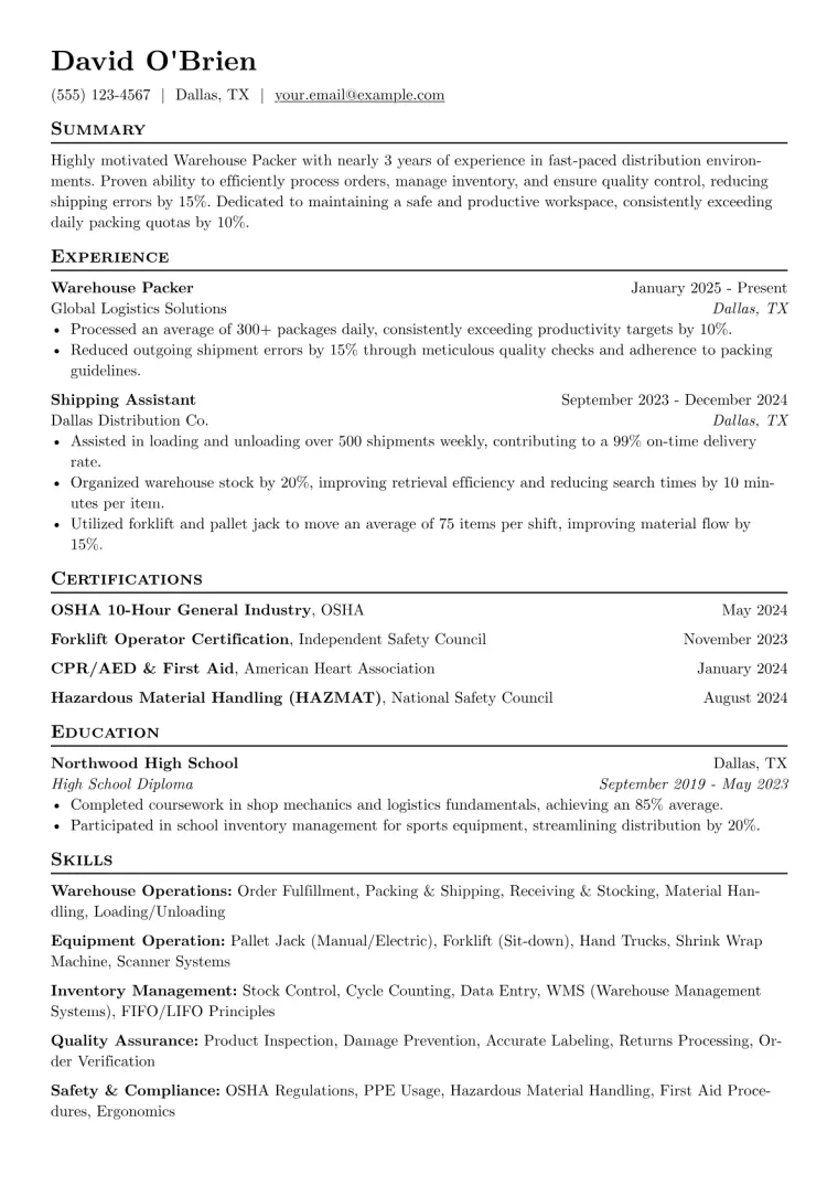 Warehouse Packer Resume Example CV template preview