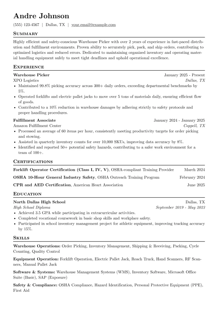 Warehouse Picker Resume Example CV template preview