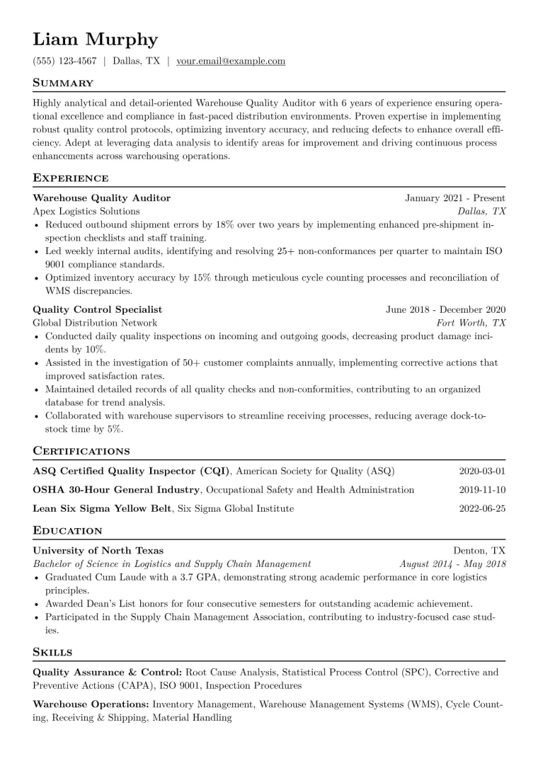 Warehouse Quality Auditor Resume Example CV template preview