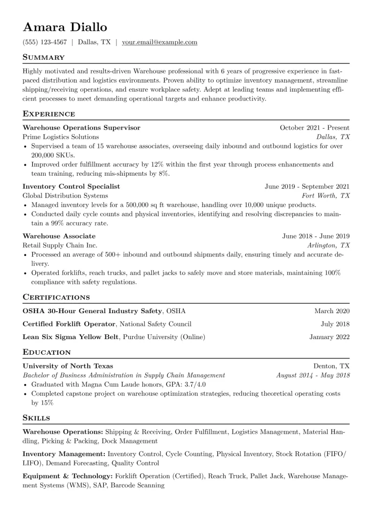 Warehouse Resume Example CV template preview