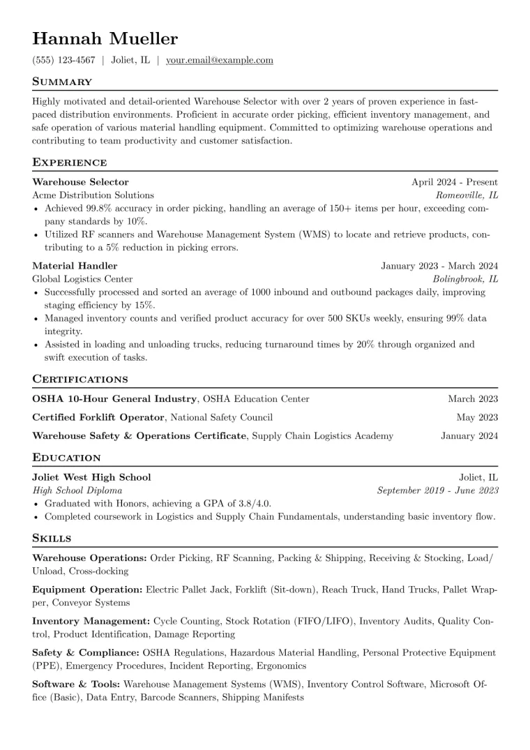 Warehouse Selector Resume Example CV template preview