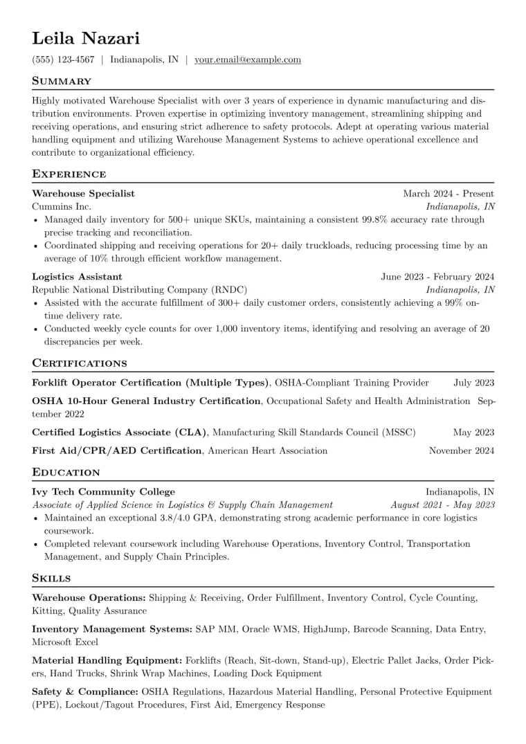 Warehouse Specialist Resume Example CV template preview