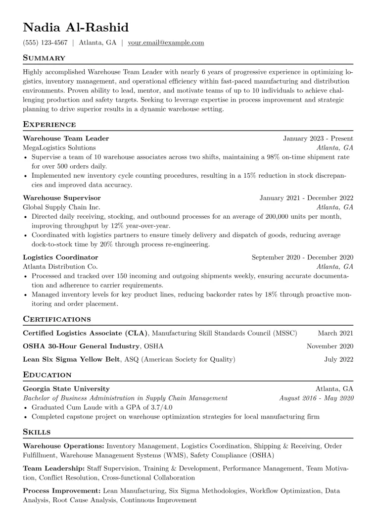 Warehouse Team Leader Resume Example CV template preview
