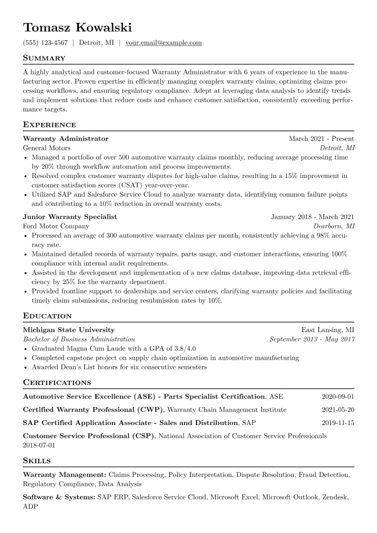 Warranty Administrator Resume Example CV template preview