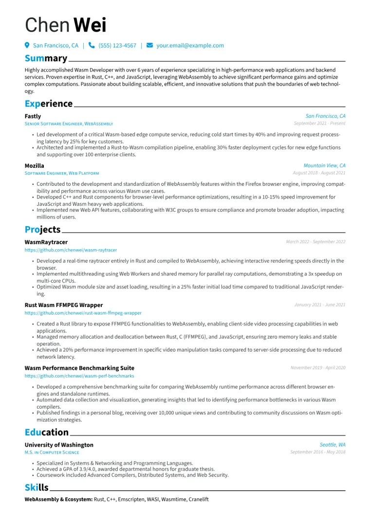 Wasm Developer Resume Example CV template preview