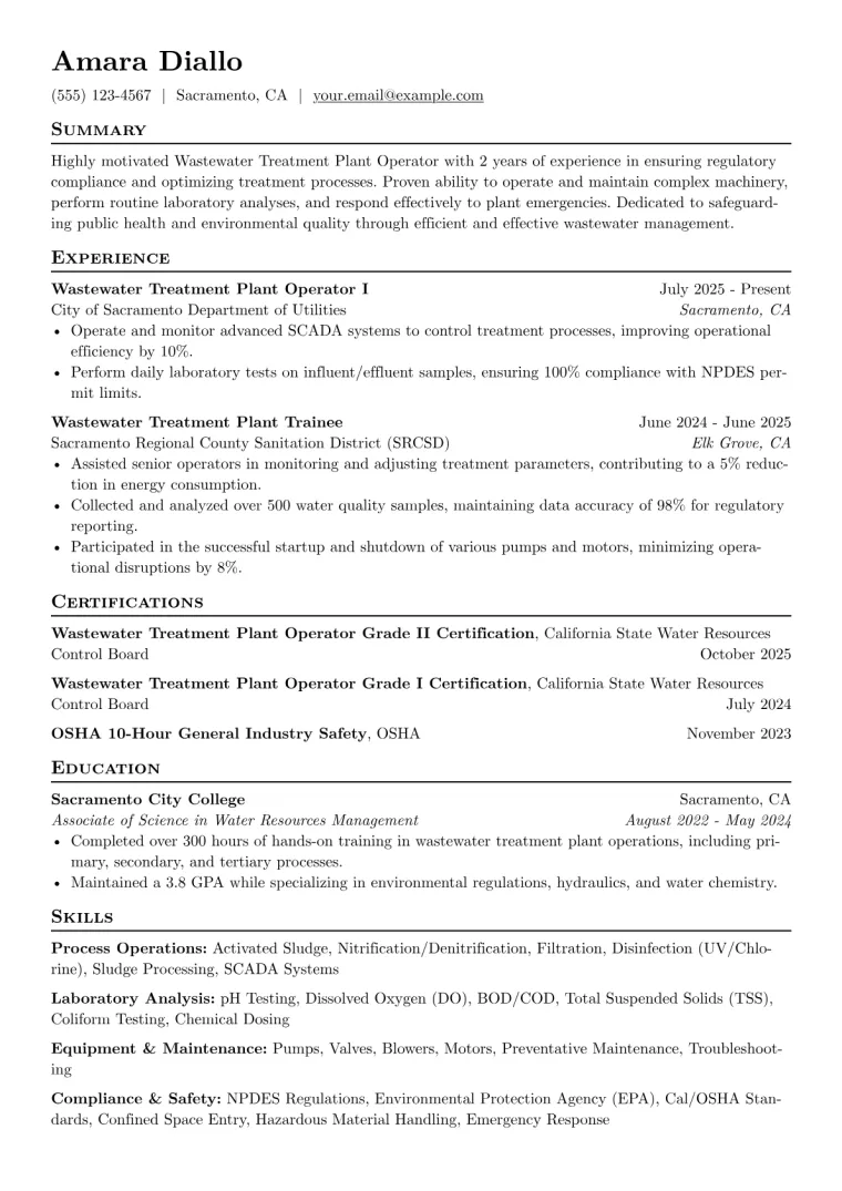 Wastewater Treatment Plant Operator Resume Example preview
