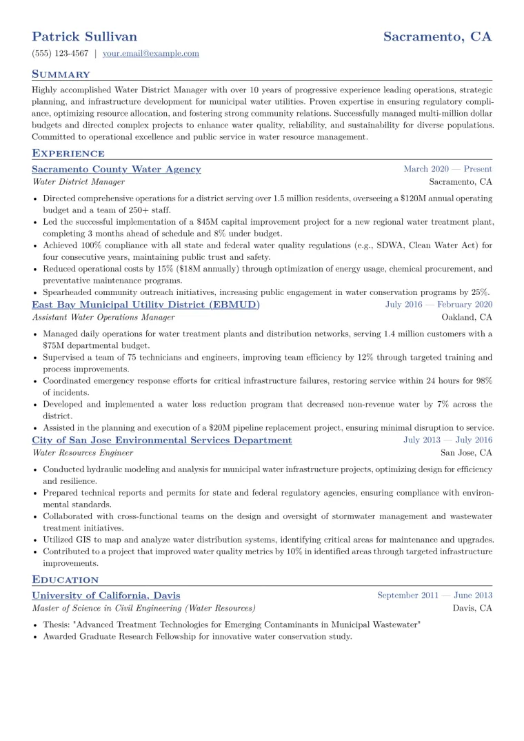 Water District Manager Resume Example CV template preview