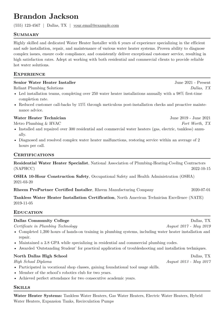 Water Heater Installer Resume Example CV template preview
