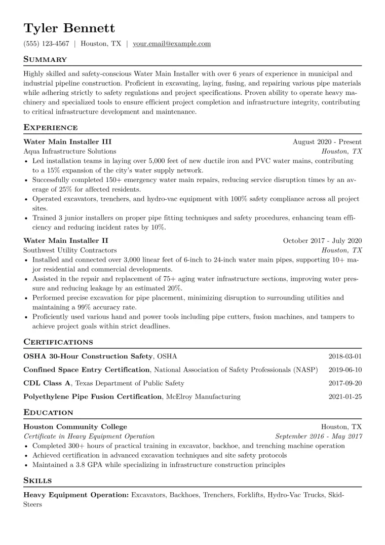 Water Main Installer Resume Example CV template preview