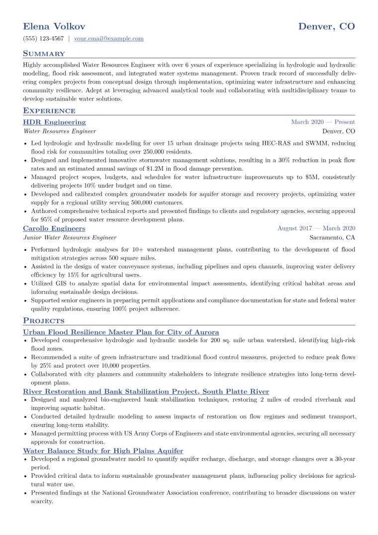 Water Resources Engineer Resume Example CV template preview