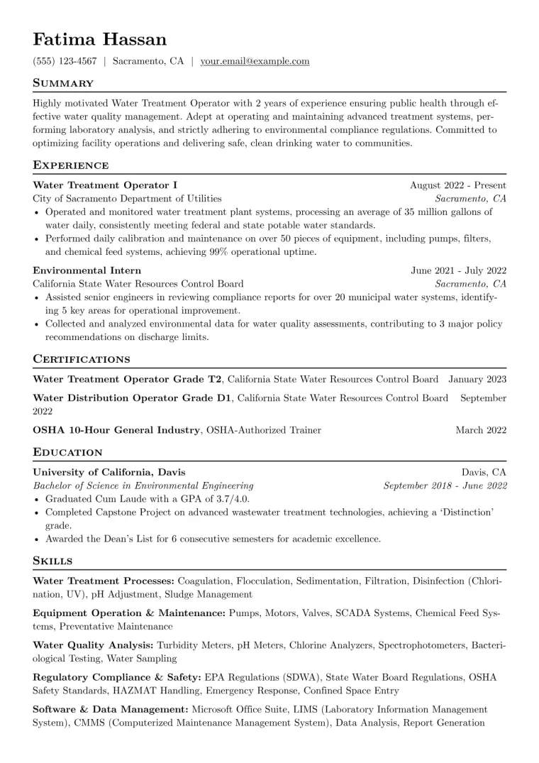 Water Treatment Operator Resume Example CV template preview