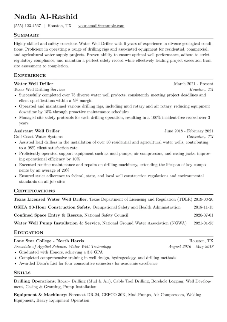 Water Well Driller Resume Example CV template preview