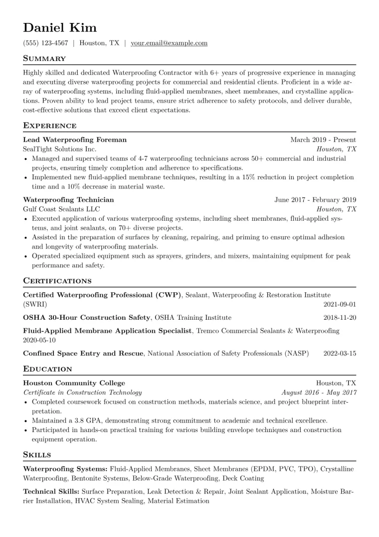 Waterproofing Contractor Resume Example CV template preview