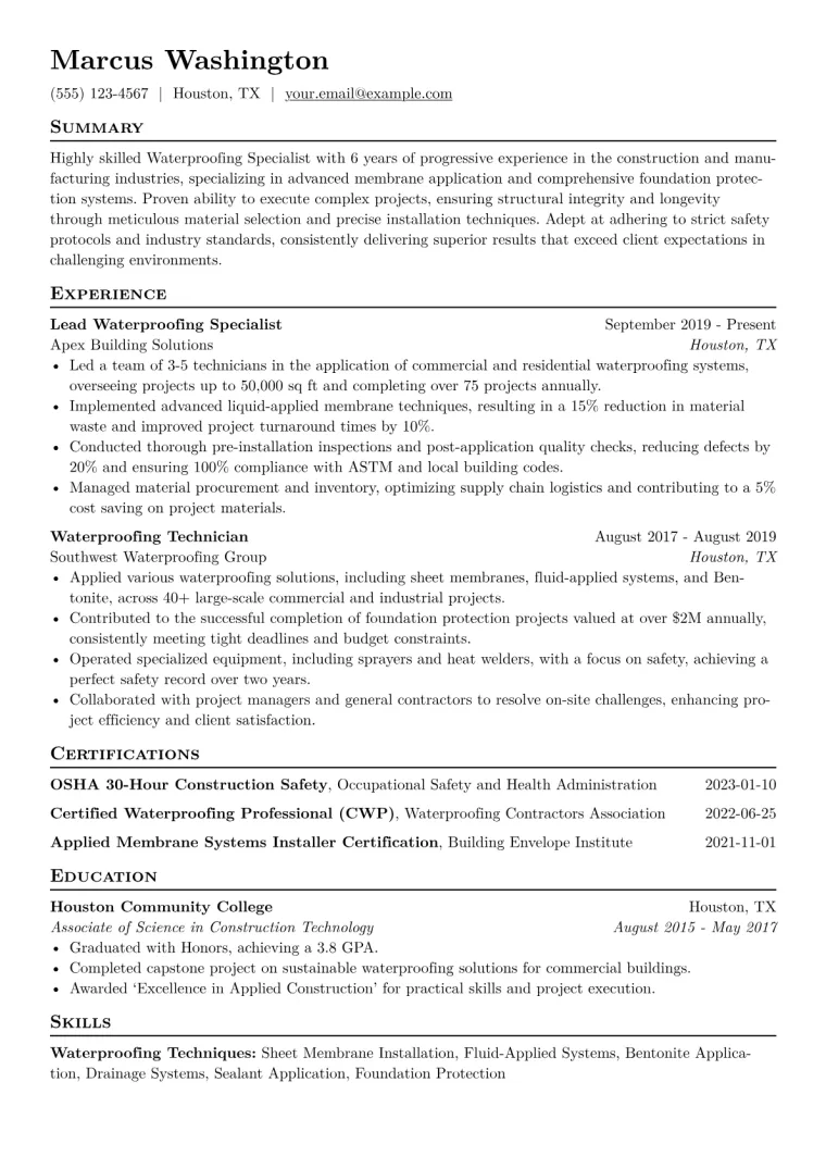 Waterproofing Specialist Resume Example CV template preview