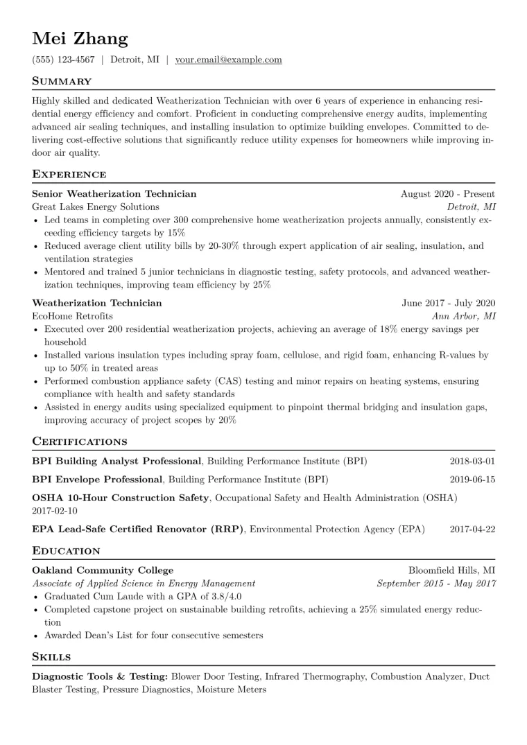 Weatherization Technician Resume Example CV template preview