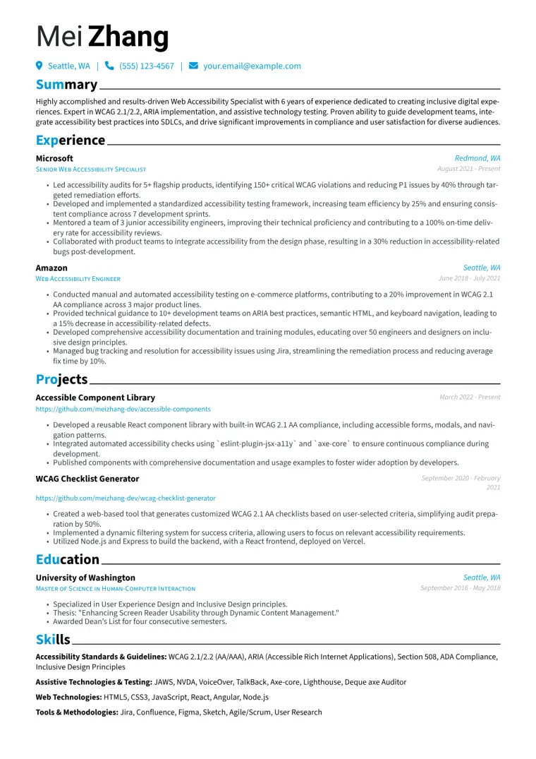 Web Accessibility Specialist Resume Example CV template preview