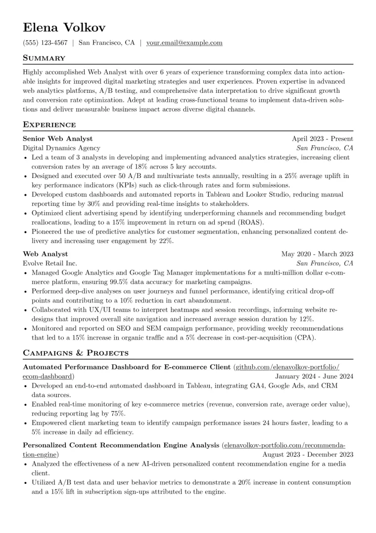 Web Analyst Resume Example CV template preview