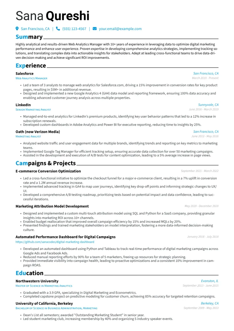 Web Analytics Manager Resume Example CV template preview