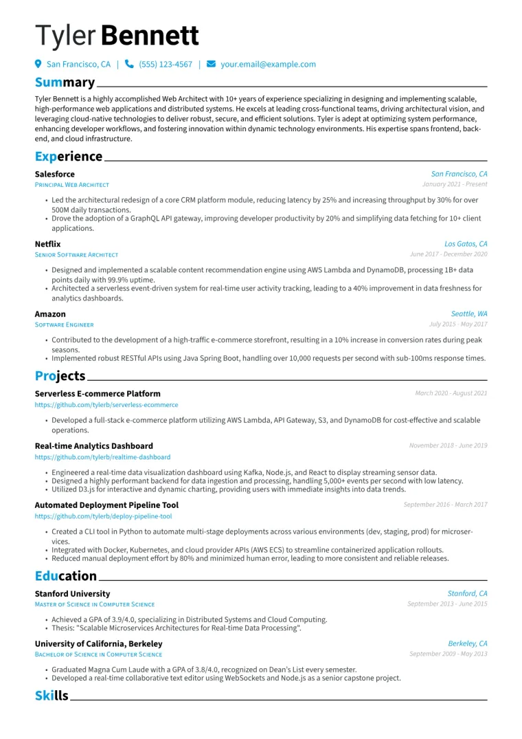 Web Architect Resume Example CV template preview