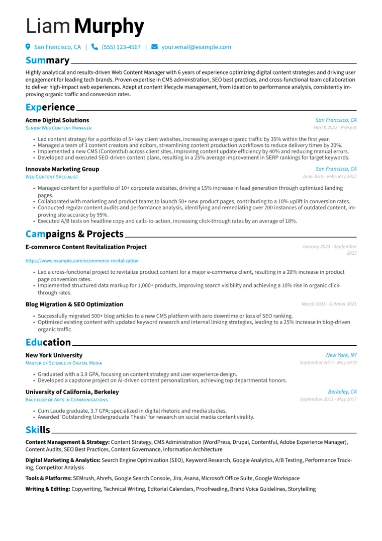 Web Content Manager Resume Example CV template preview