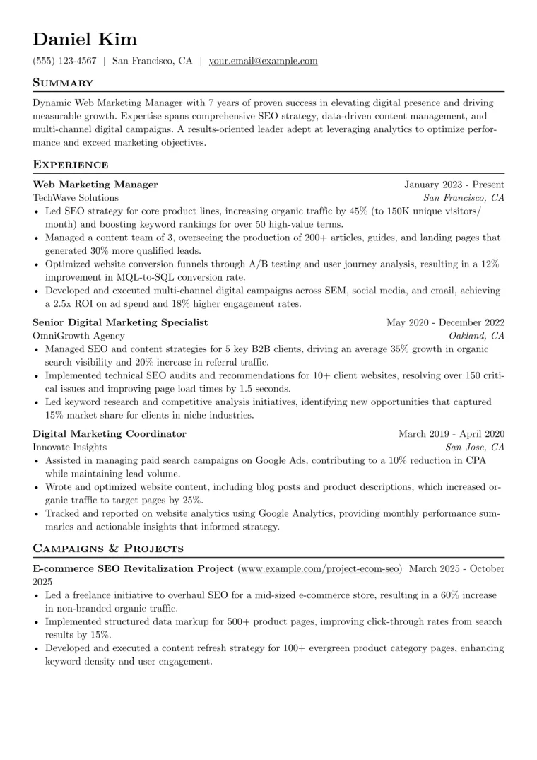 Web Marketing Manager Resume Example preview