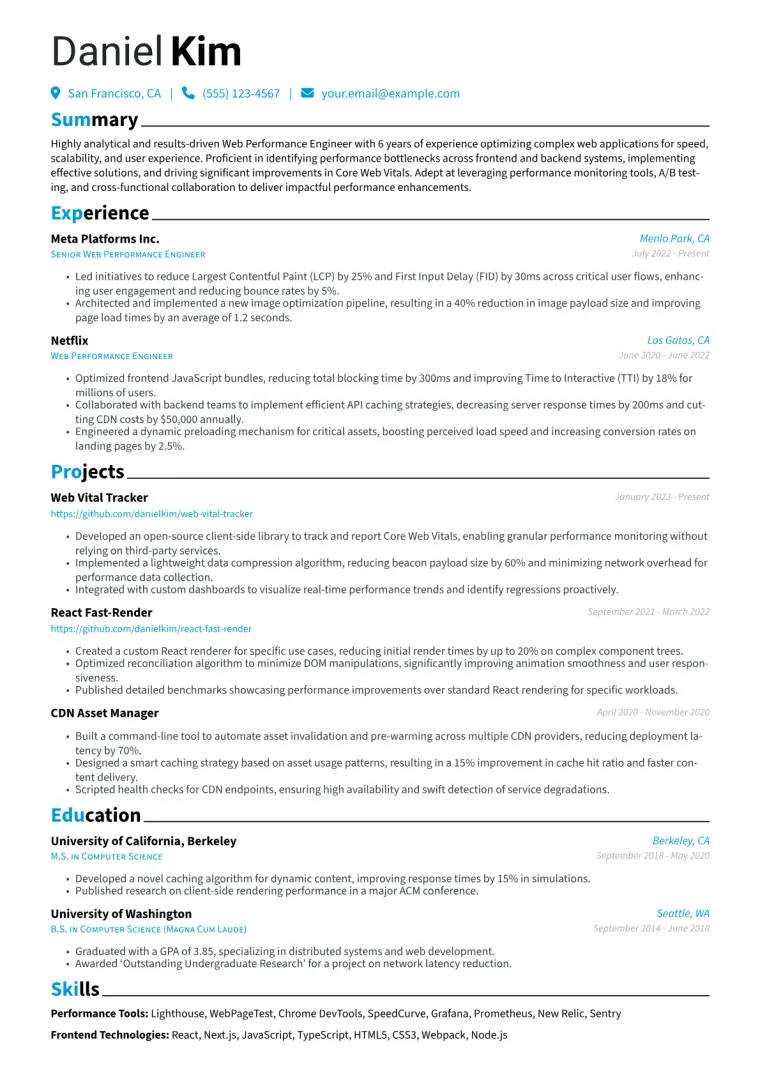 Web Performance Engineer Resume Example CV template preview