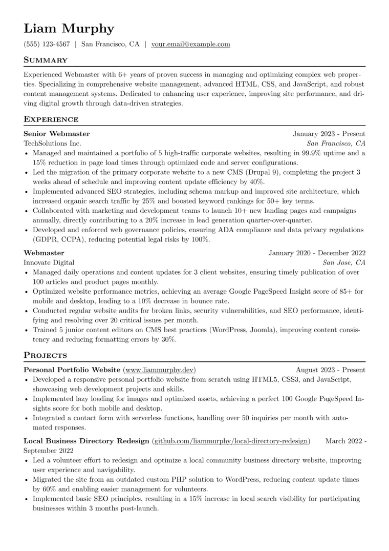 Webmaster Resume Example preview