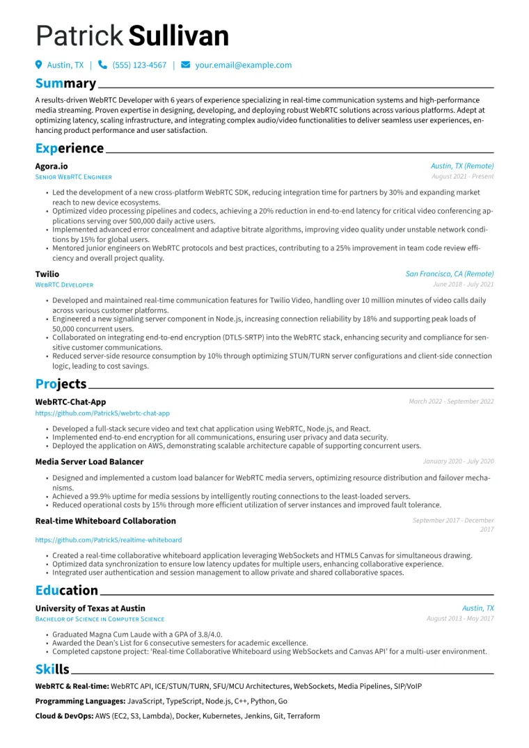 WebRTC Developer Resume Example CV template preview