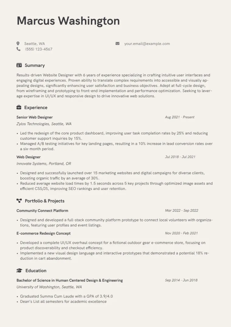 Website Designer Resume Example CV template preview