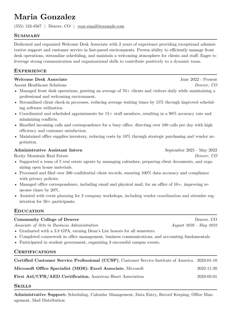 Welcome Desk Associate Resume Example CV template preview