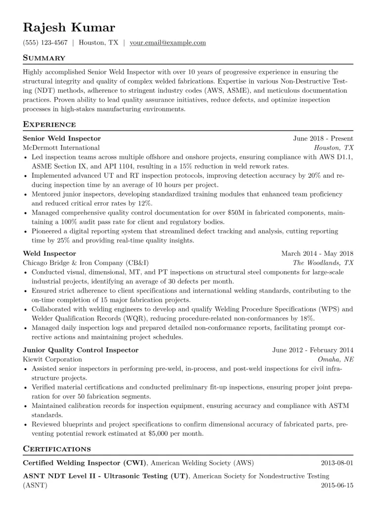 Weld Inspector Resume Example CV template preview