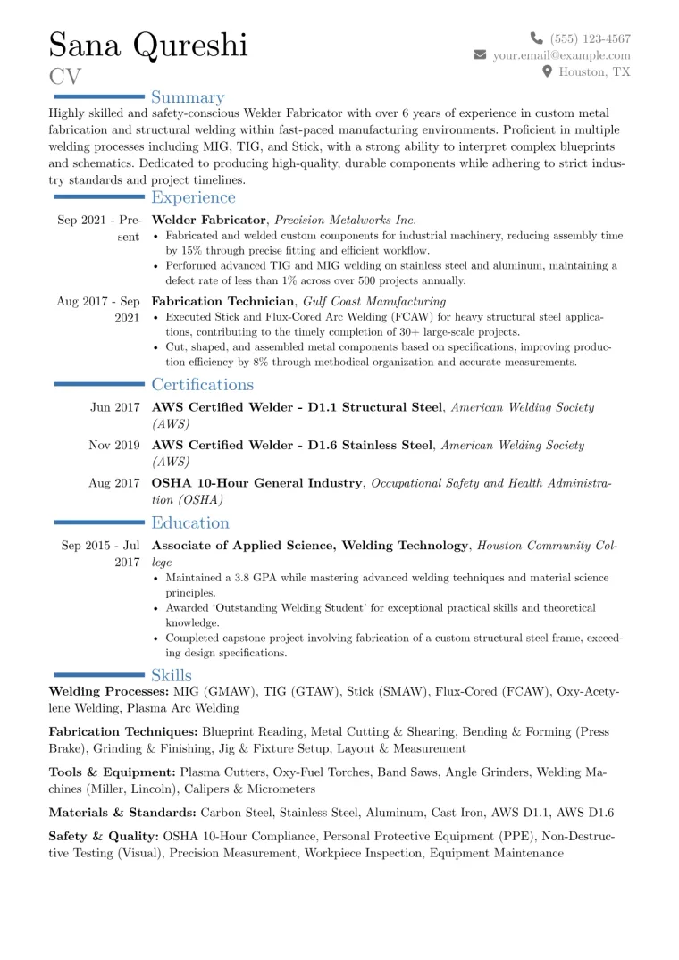 Welder Fabricator Resume Example CV template preview
