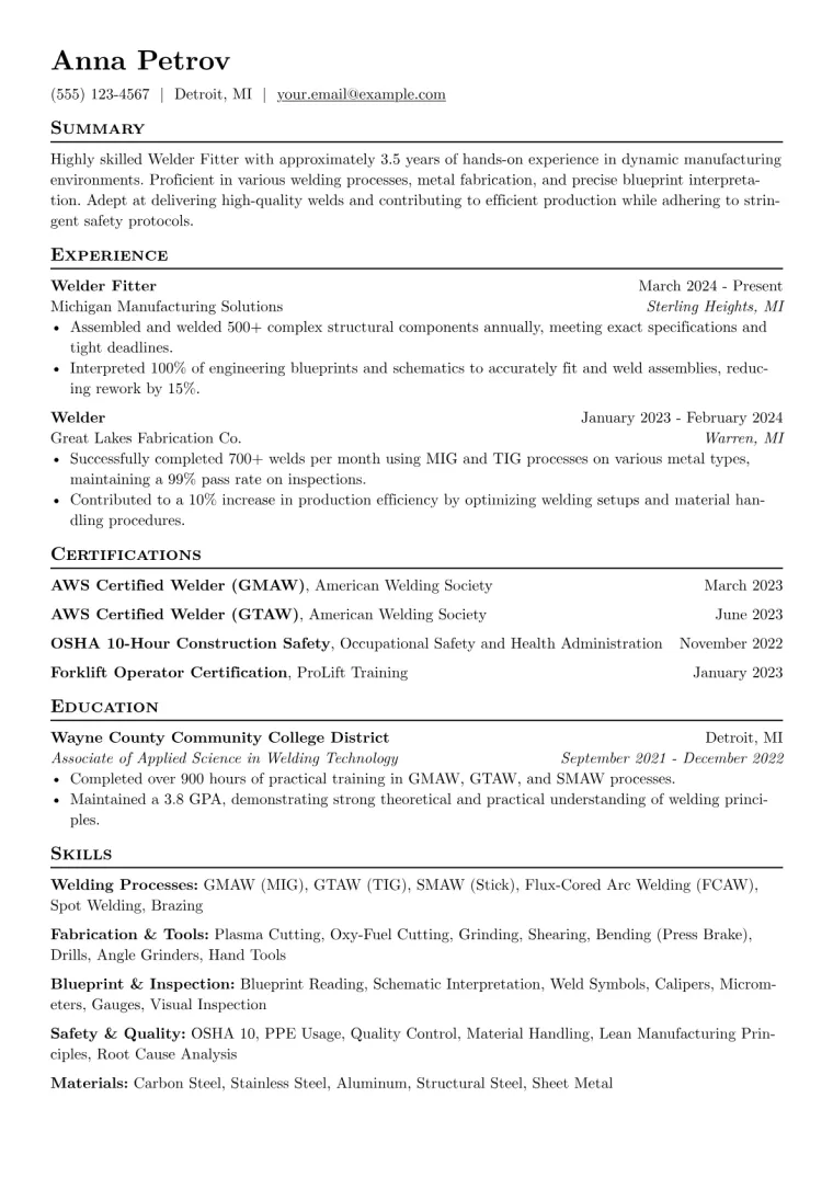 Welder Fitter Resume Example CV template preview