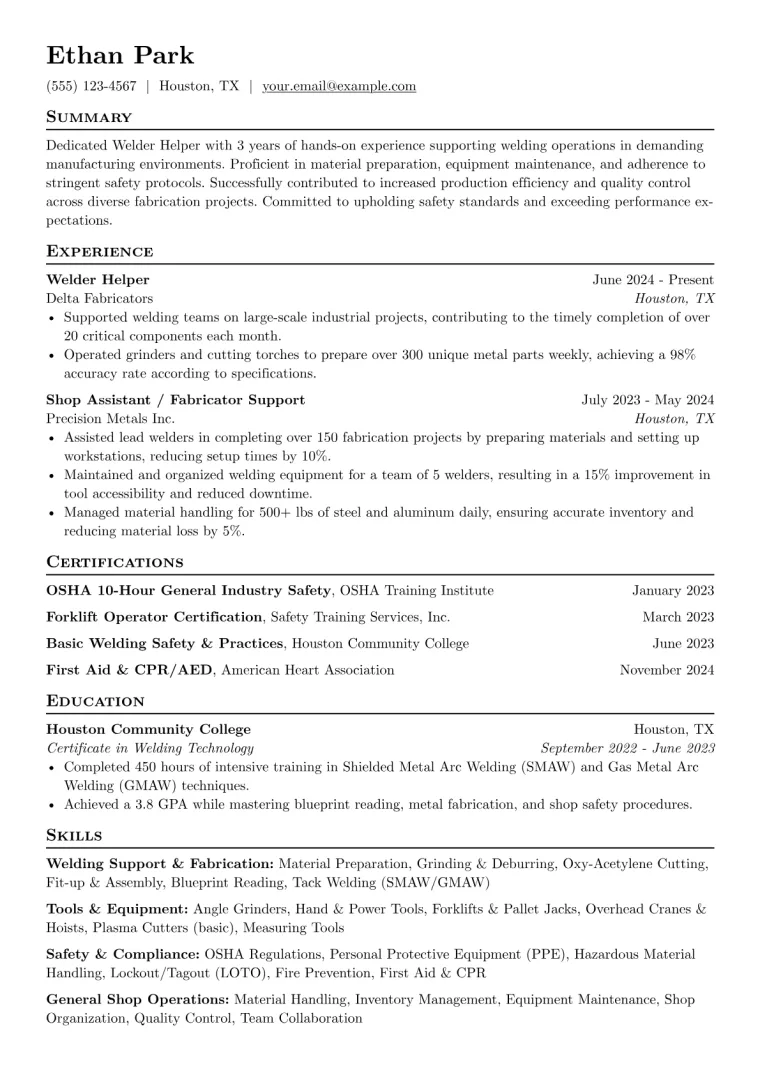 Welder Helper Resume Example CV template preview