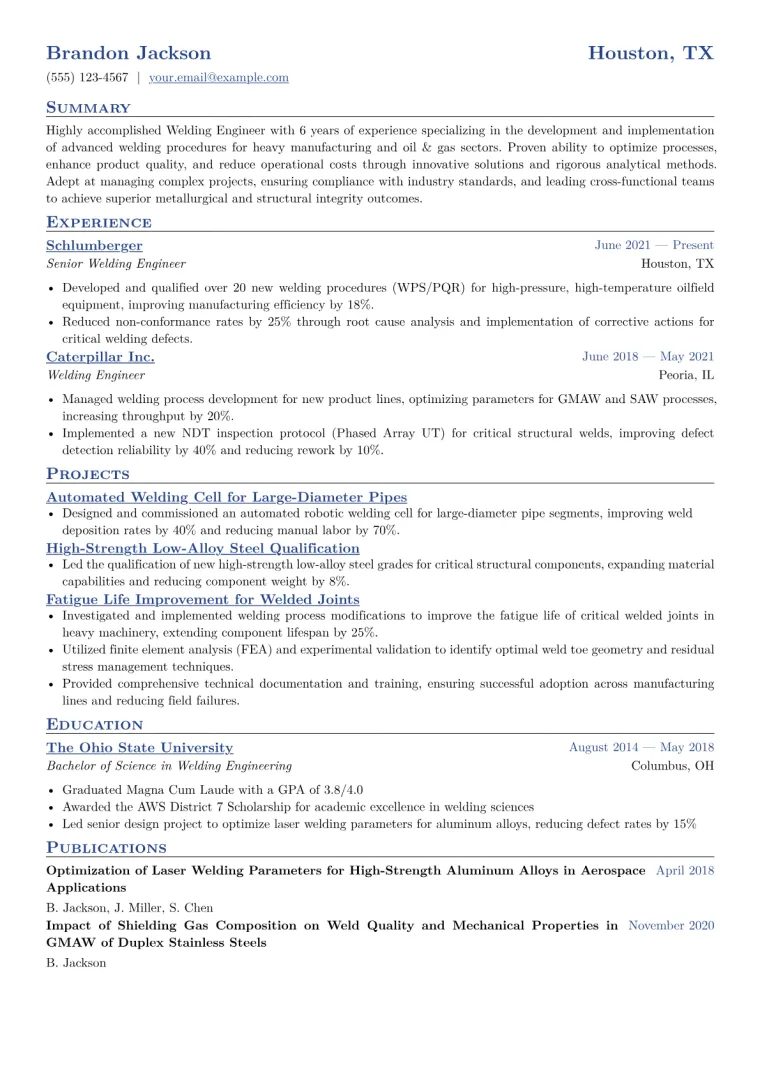Welding Engineer Resume Example CV template preview