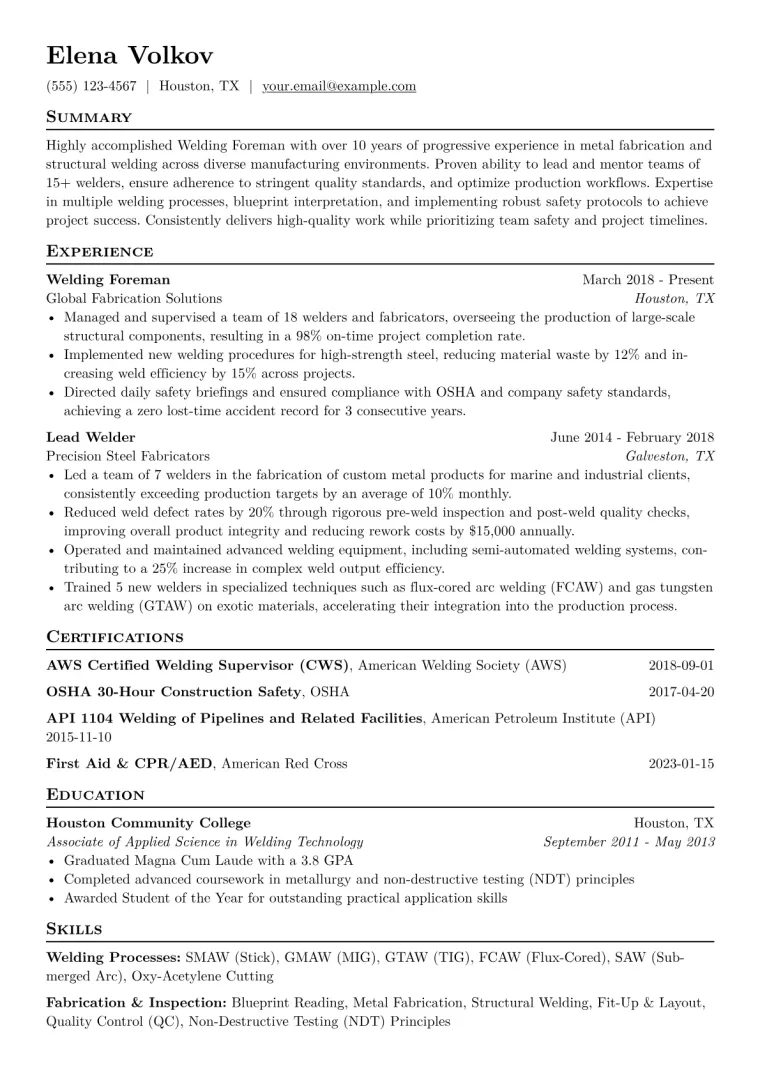 Welding Foreman Resume Example CV template preview
