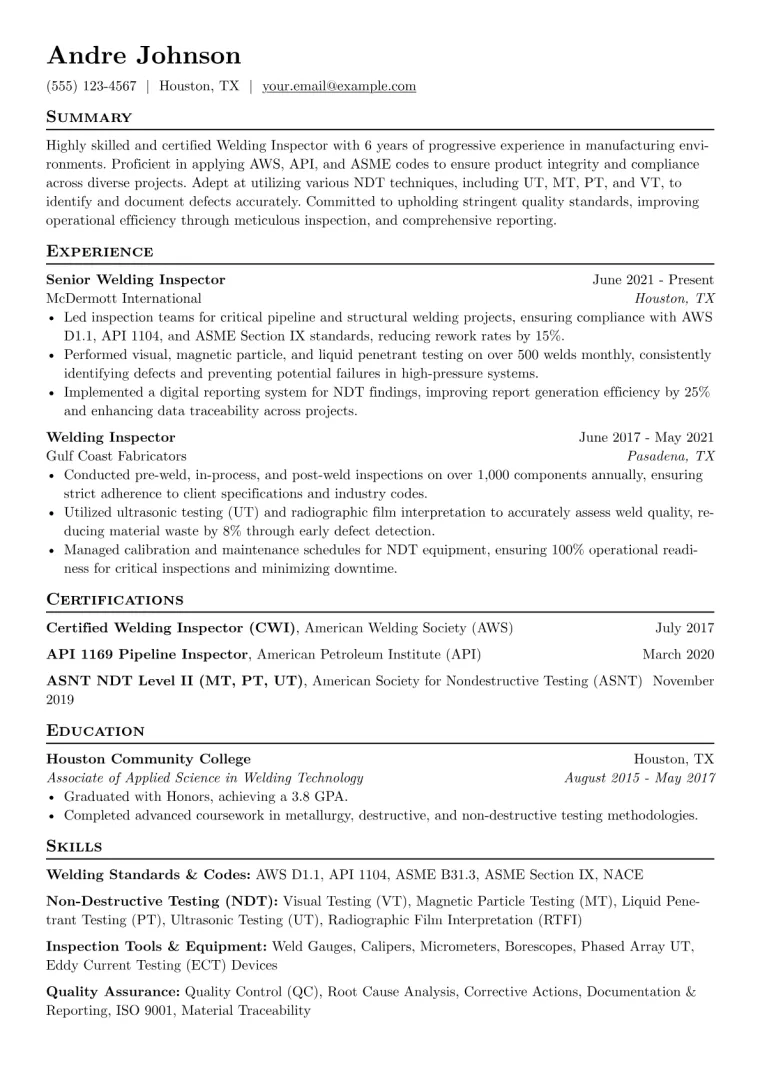 Welding Inspector Resume Example CV template preview