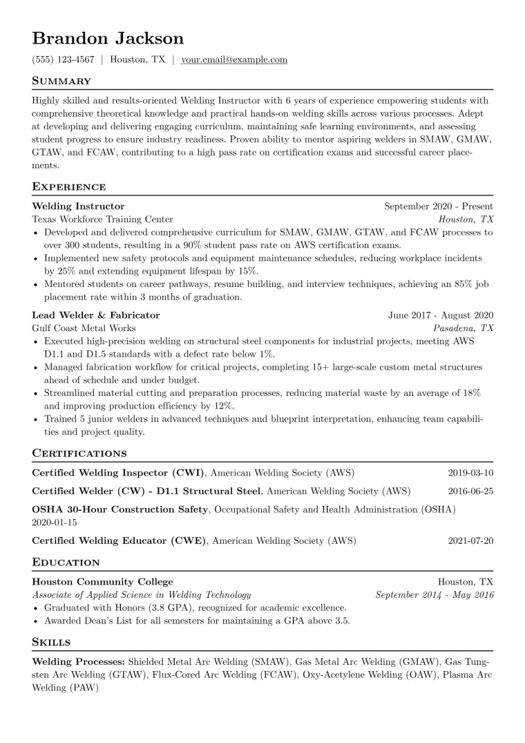 Welding Instructor Resume Example CV template preview
