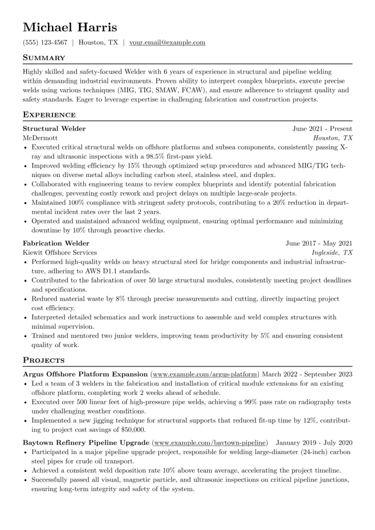 Welding Resume Example CV template preview