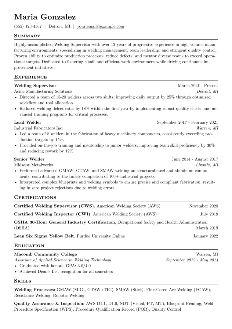 Welding Supervisor Resume Example CV template preview