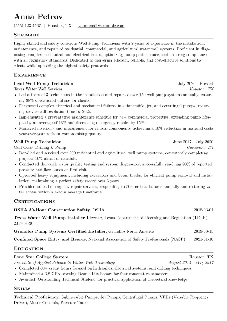 Well Pump Technician Resume Example CV template preview