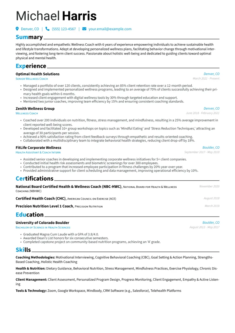 Wellness Coach Resume Example CV template preview
